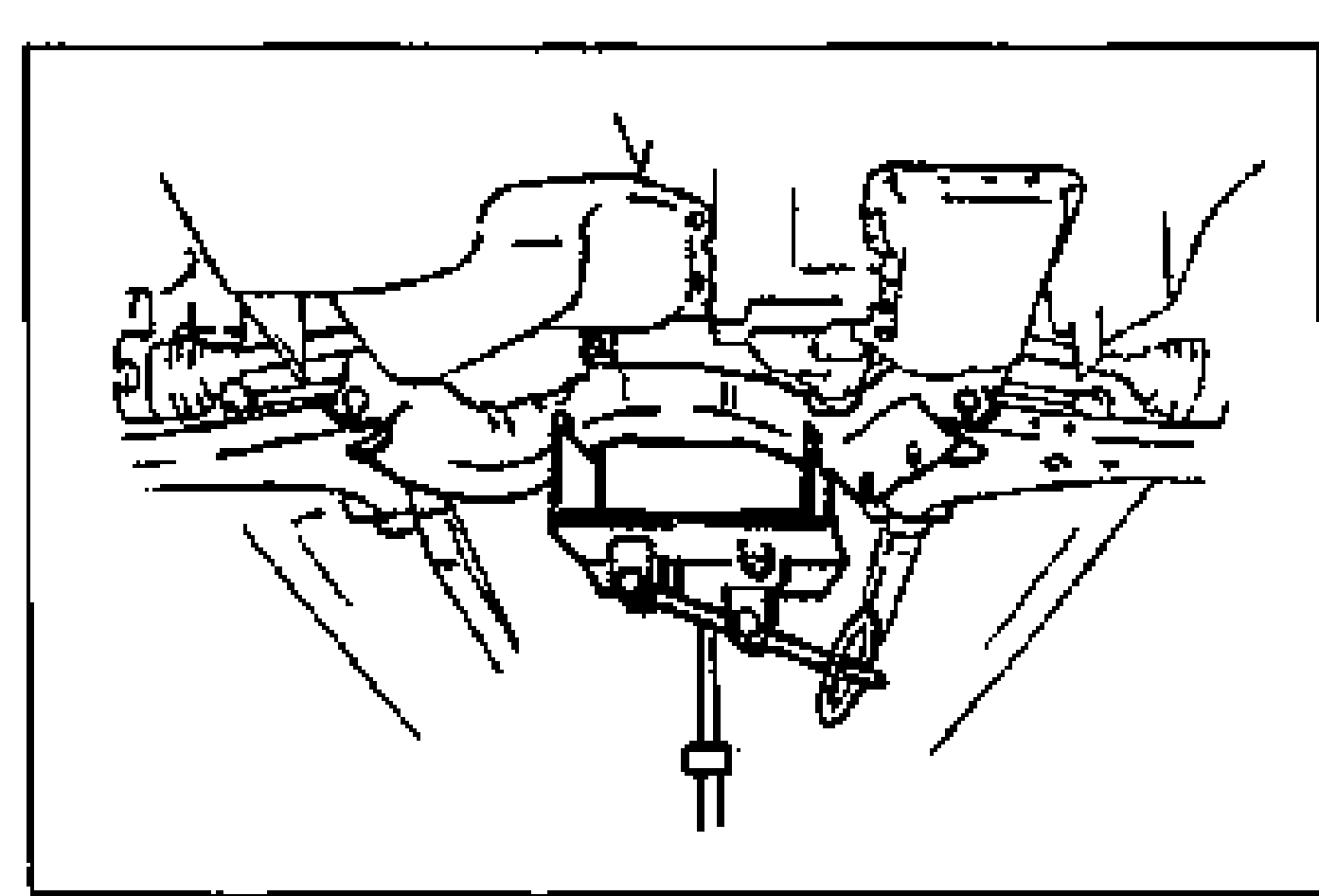 Underside view of the front crossmember supported by a jack, showing the stabilizer bracket and bolts/nuts being removed to free the stabilizer bar.