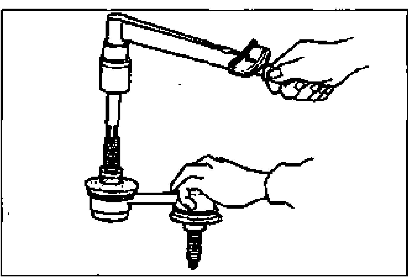 Hands measuring the stabilizer control link ball joint stud preload: one hand holds a hexagon wrench on the ball stud while the other applies a torque wrench.