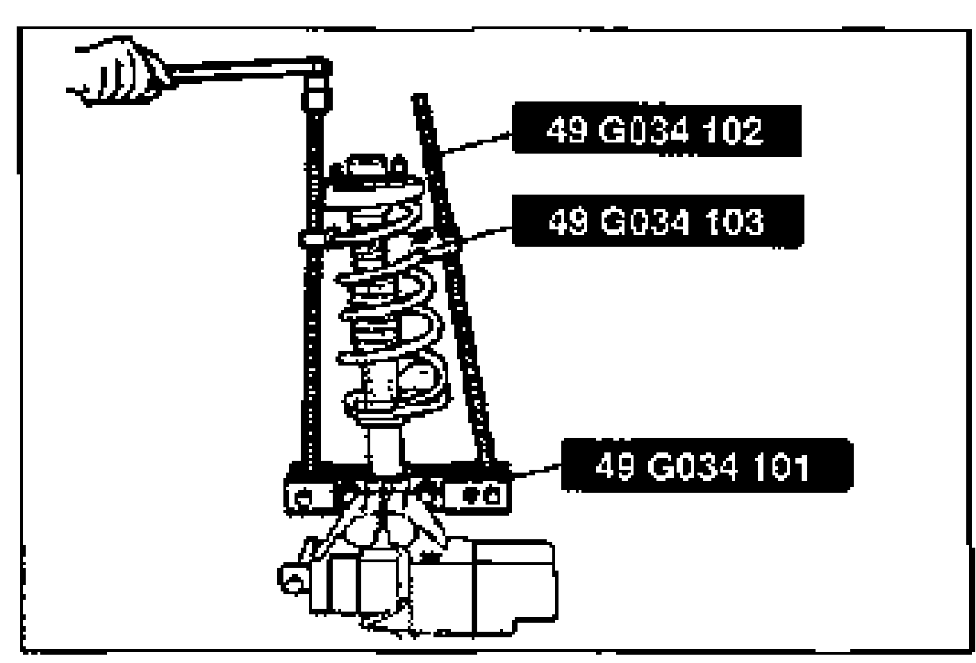 Coil spring compressor SST 49 G034 1A0 applied to a shock absorber/coil spring. Callout labels point to SST sub-parts: 49 G034 102 (screw), 49 G034 103 (arm), 49 G034 101 (body). A hand turns the compressor screw.
