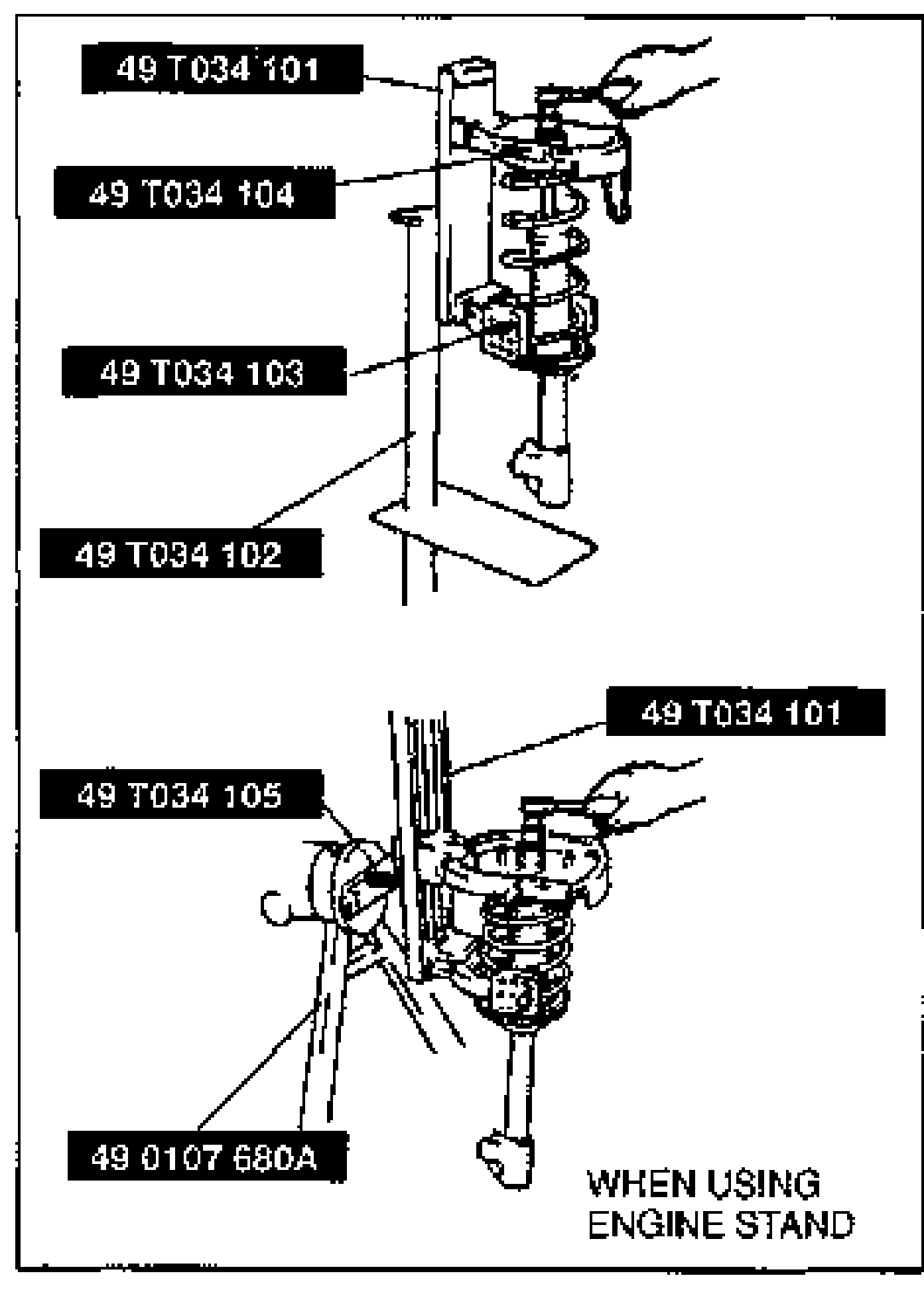 Coil spring compressor SST 49 T034 1A0 mounted on an engine stand to compress the rear coil spring. Callouts: 49 T034 101 (compressor, spring), 49 T034 104 (support), 49 T034 103 (hook), 49 T034 102 (stand), 49 T034 105 (attachment), 49 0107 680A (engine stand). Labeled WHEN USING ENGINE STAND.