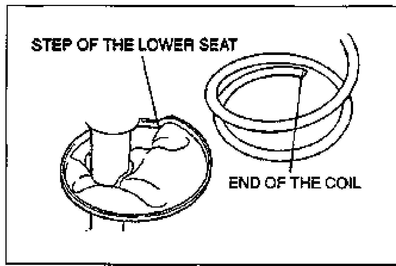 Detail of the lower spring seat showing the STEP OF THE LOWER SEAT and the END OF THE COIL fitted into the step, illustrating correct coil spring orientation during assembly.