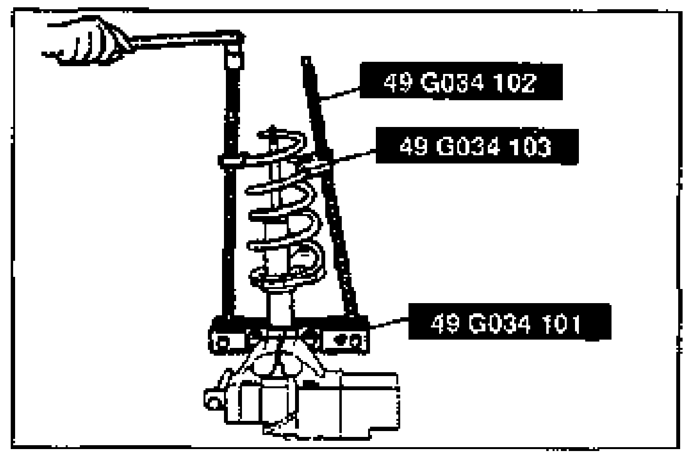 Coil spring compressor SST 49 G034 1A0 applied to the shock absorber during assembly to compress the coil spring. Callouts: 49 G034 102 (screw), 49 G034 103 (arm), 49 G034 101 (body). A hand turns the compressor screw.