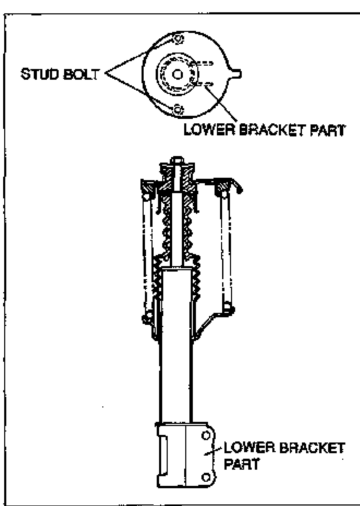 Mounting block alignment: top view of the mounting block showing the STUD BOLT and the LOWER BRACKET PART relation, and a side view of the shock absorber with the LOWER BRACKET PART at the bottom. Illustrates how the mounting block studs align with the shock absorber lower bracket.