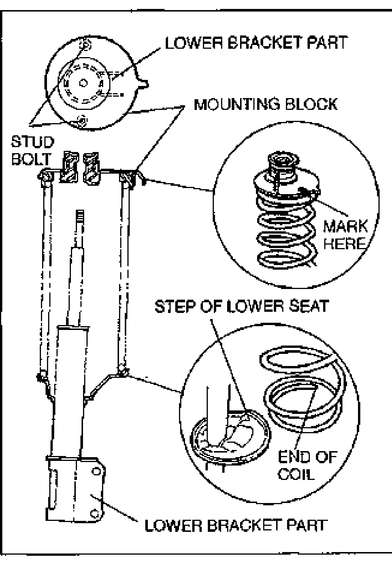 Temporary assembly for marking: shock absorber with mounting block and coil spring temporarily assembled. Top inset shows MARK HERE on the mounting block and coil spring. Bottom inset shows STEP OF LOWER SEAT and END OF COIL. Labels: LOWER BRACKET PART, STUD BOLT, MOUNTING BLOCK.
