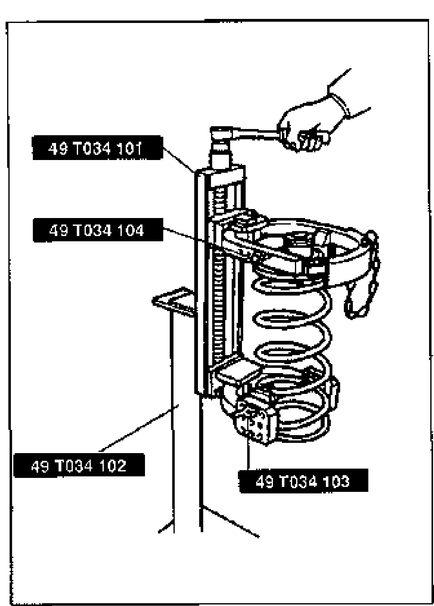 Coil spring compressor SST 49 T034 1A0 assembled to compress the coil spring. A hand turns the compressor screw. Callouts: 49 T034 101 (compressor, spring), 49 T034 104 (support), 49 T034 102 (stand), 49 T034 103 (hook).