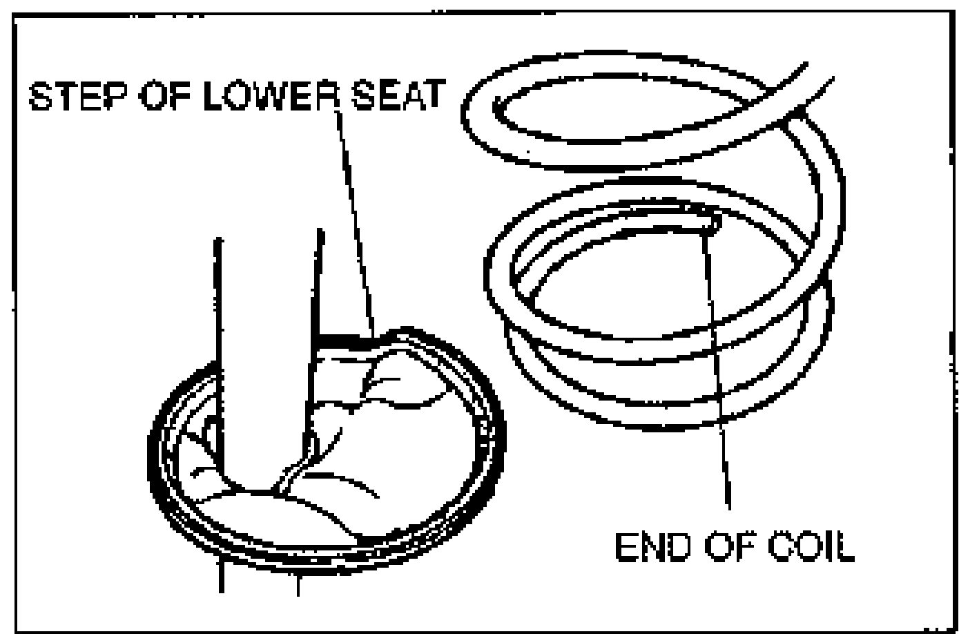 Detail of the lower spring seat showing the STEP OF LOWER SEAT and the END OF COIL fitted into the step, illustrating correct coil orientation when installing the shock absorber.
