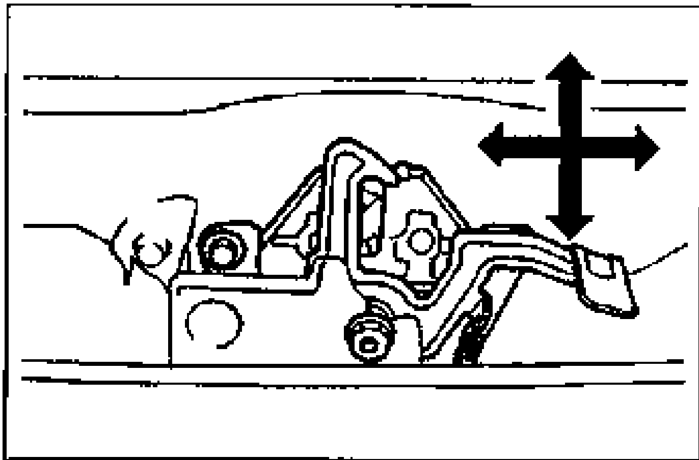Close-up line drawing of the hood lock assembly mounted on the front body panel, with a four-way (plus-shaped) double-headed arrow indicating the directions in which the hood lock can be repositioned to align with the striker.