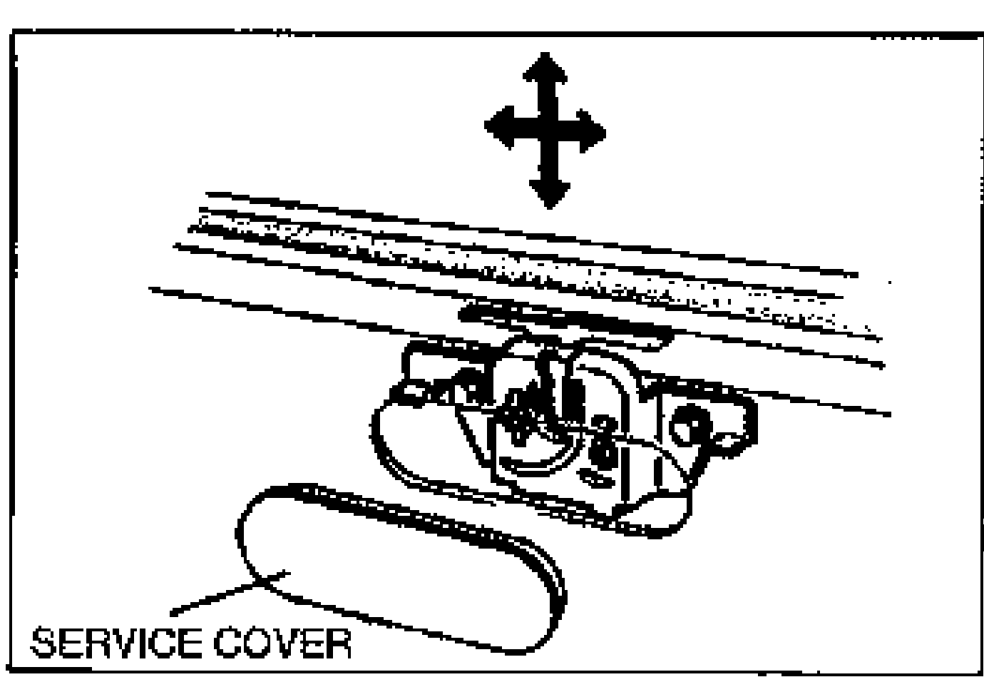Detail of the liftgate lock viewed from below with the SERVICE COVER removed from the trunk end trim. A four-way arrow indicates the lock can be moved to align with the striker.