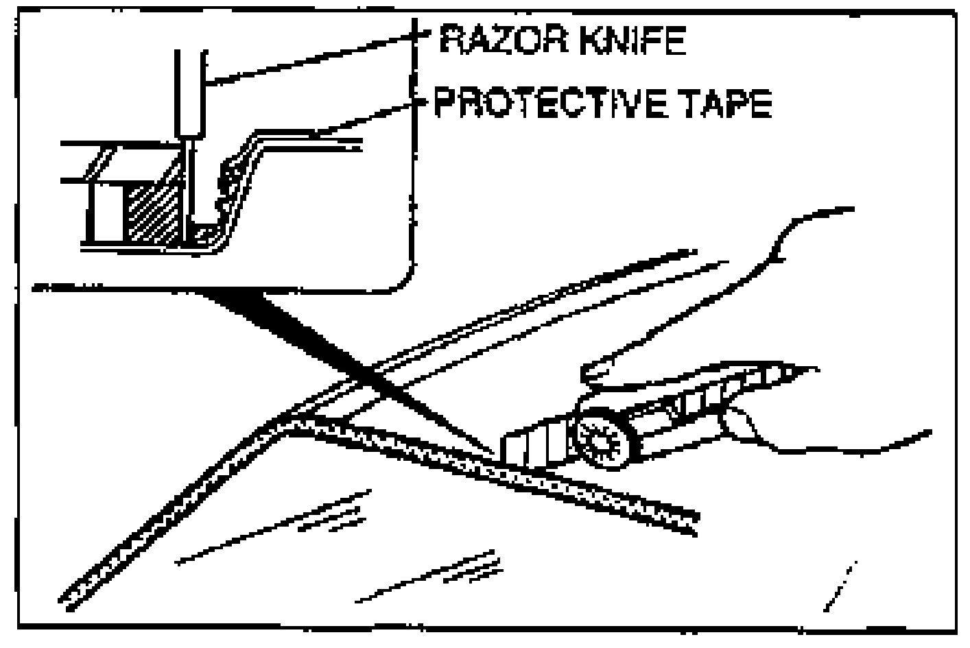 Installation note step: cross-section of the molding joint with a razor knife cutting the sealant; callouts label 'RAZOR KNIFE' and 'PROTECTIVE TAPE'. A hand holds the razor knife along the body edge.