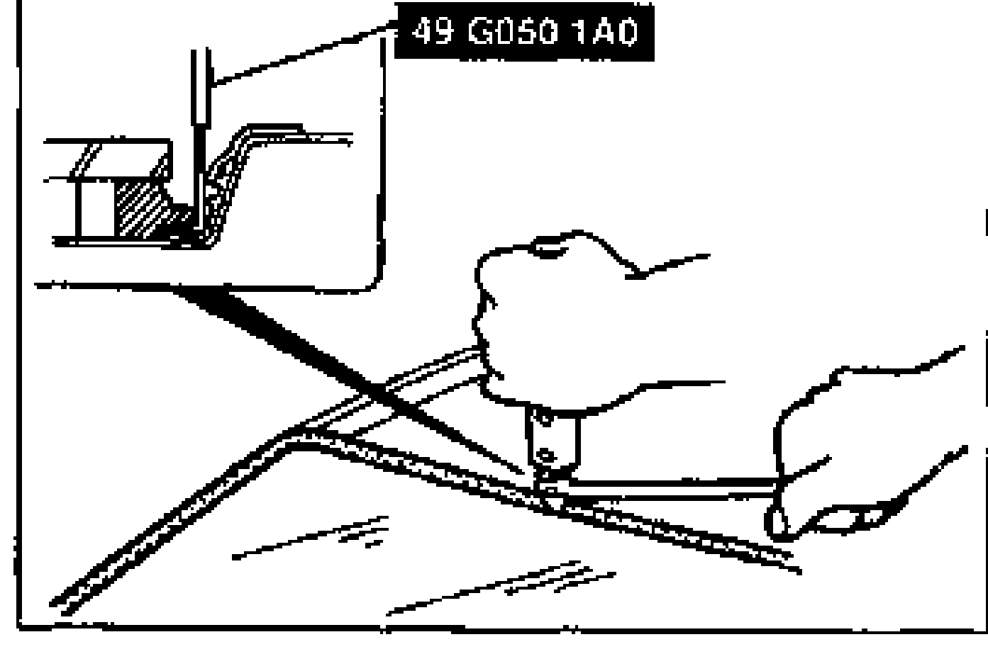 Cross-section showing SST 49 G050 1A0 blade inserted into the sealant, cutting near the body. A hand pulls the tool's bar.