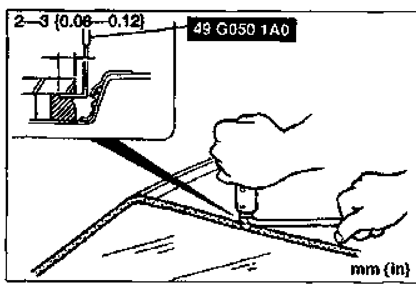 Cross-section showing SST 49 G050 1A0 blade inserted into the sealant, cutting near the glass; dimension callout '2-3 (0.08-0.12)' mm (in) marks the cut depth from the glass. A hand pulls the tool's bar.
