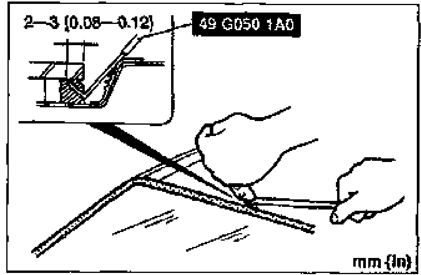 Cross-section showing SST 49 G050 1A0 blade cutting the remaining sealant; dimension callout '2-3 (0.08-0.12)' mm (in). A hand pulls the tool's bar.