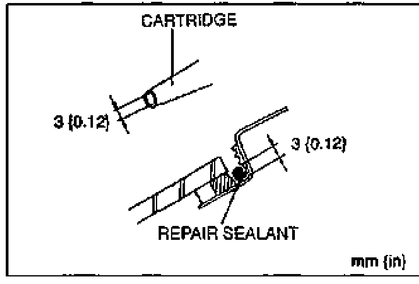 Diagram of applying a 3 mm (0.12 in) bead of repair sealant from a cartridge between the glass and body. Callouts label CARTRIDGE and REPAIR SEALANT, with dimension '3 (0.12)' mm (in) marked at two points.