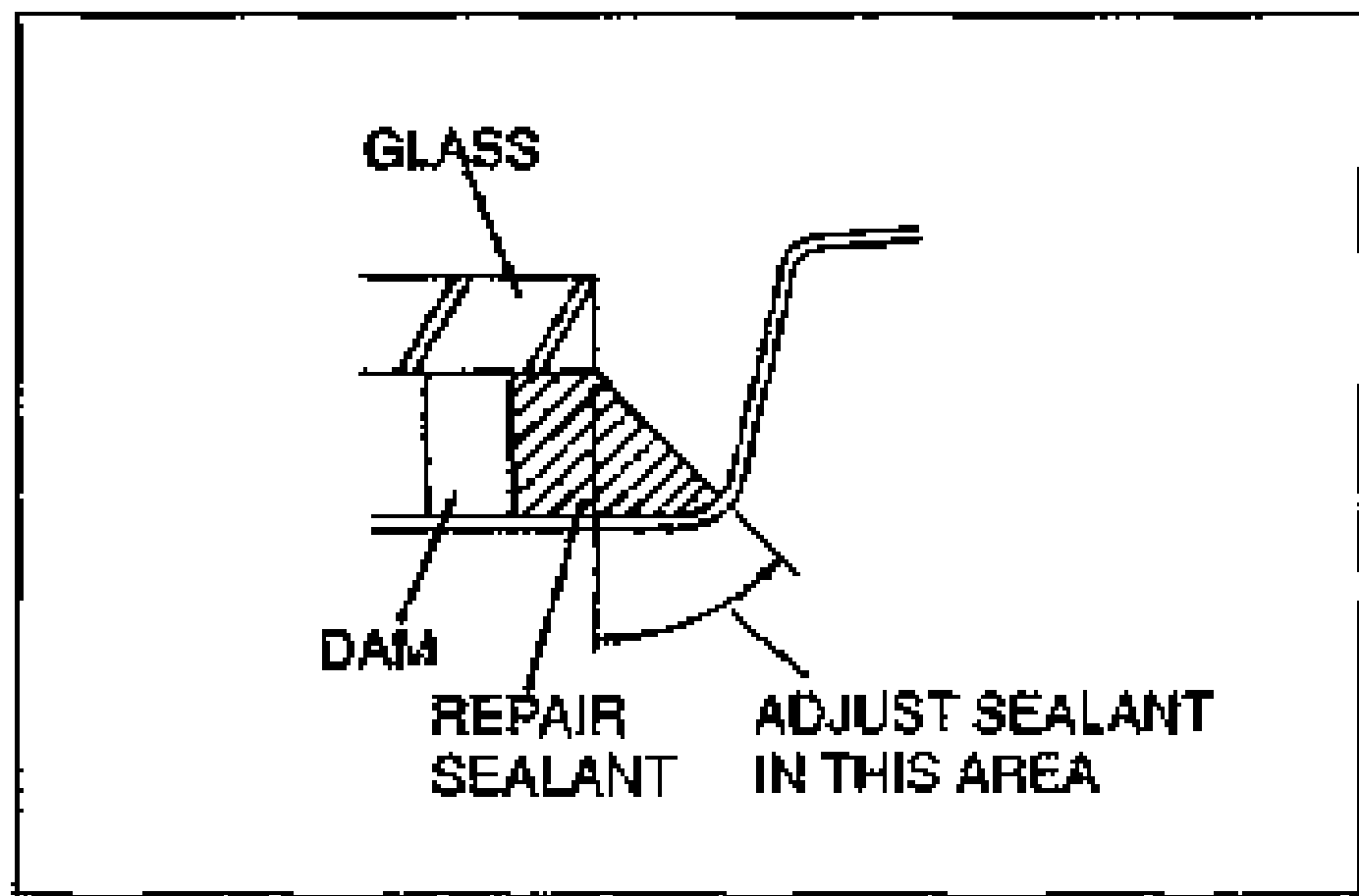 Cross-section showing the reshaped repair sealant. Callouts label GLASS, DAM, REPAIR SEALANT, and 'ADJUST SEALANT IN THIS AREA' with hatching on the sealant fillet between glass and body.