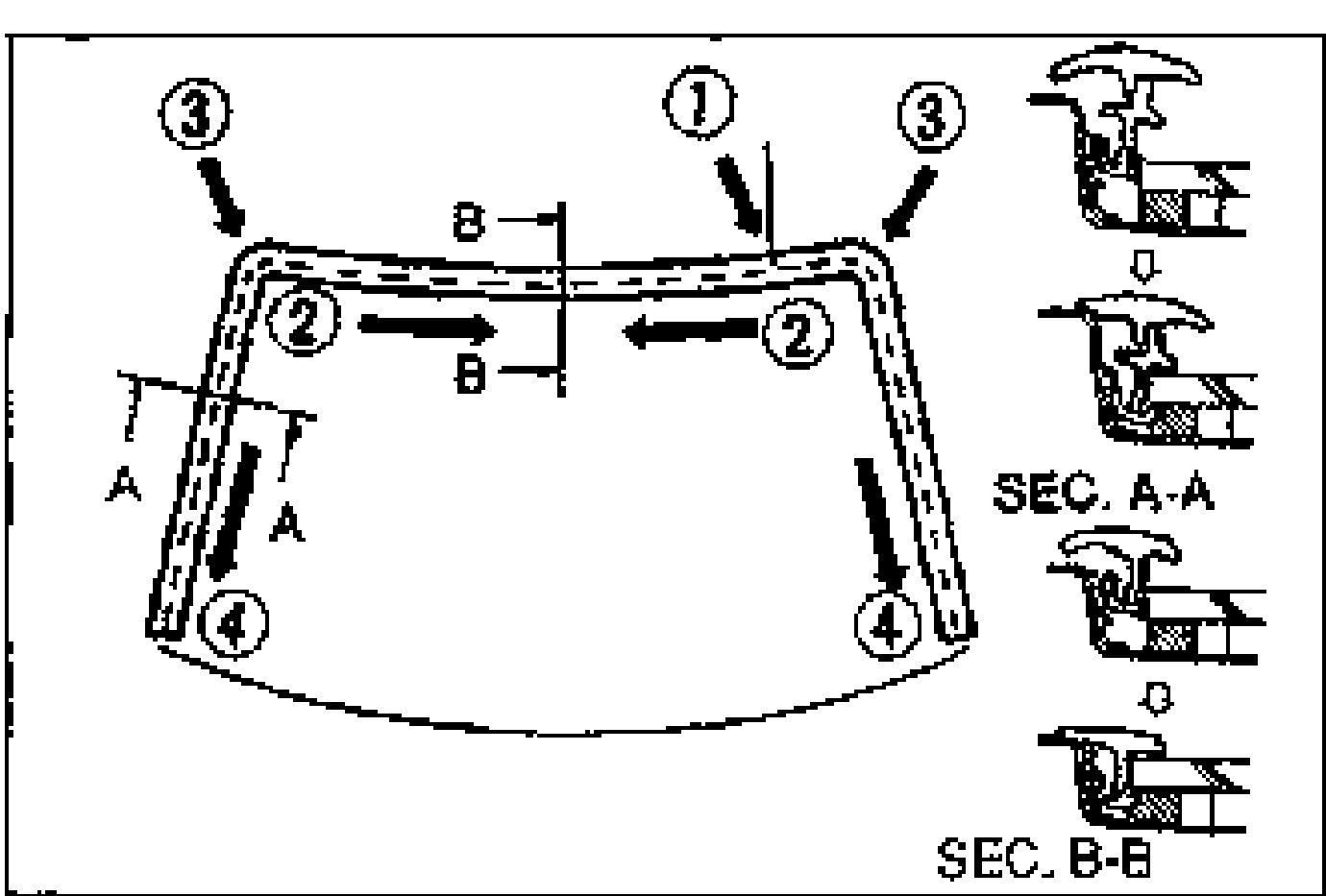 Windshield-perimeter installation diagram showing molding install sequence with numbered balloons 1-4 and arrows: 1 align marks to roof inner line (top center), 2 install top, 3 install corners, 4 install sides. Cut lines A and B, plus cross-section views SEC. A-A and SEC. B-B of the molding in its channel at right.