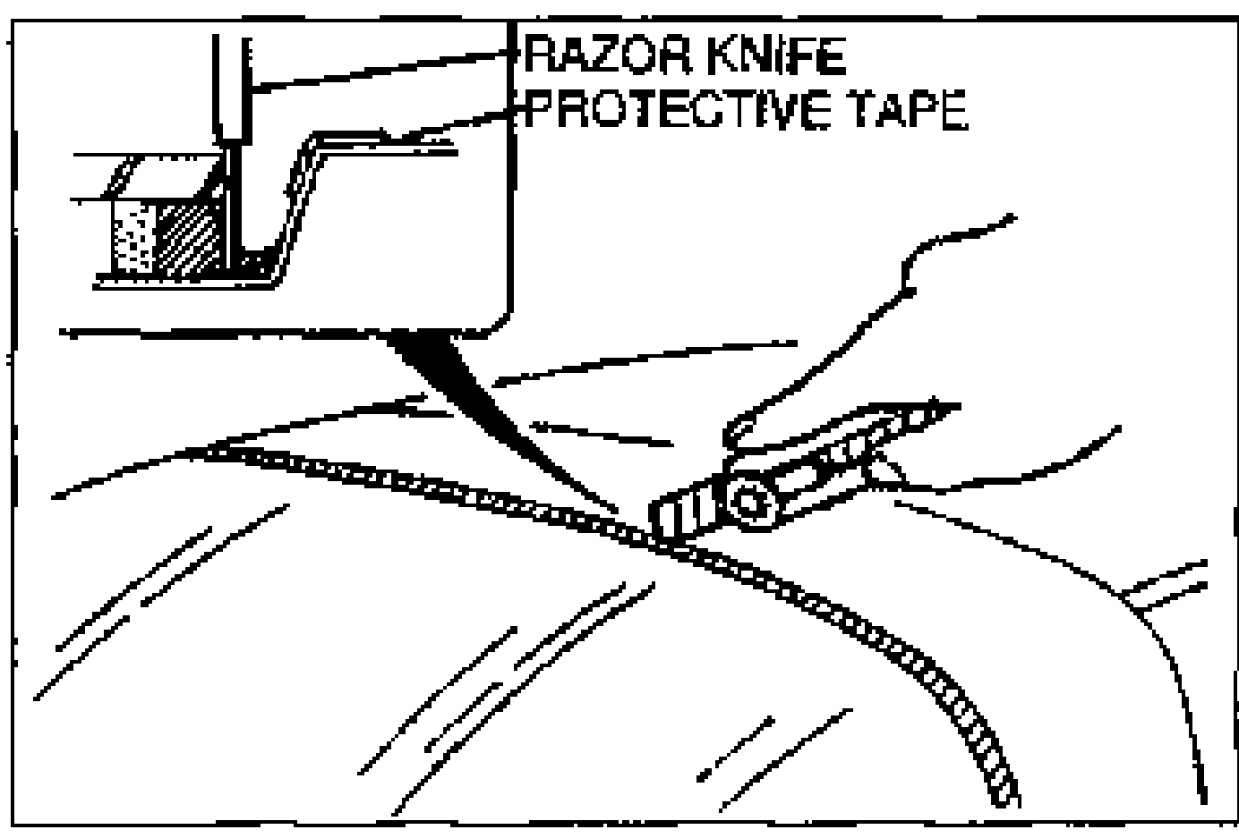 Installation note step: cross-section of the liftgate molding joint with a razor knife cutting the sealant. Callouts label RAZOR KNIFE and PROTECTIVE TAPE; a hand holds the razor knife along the upper liftgate edge.