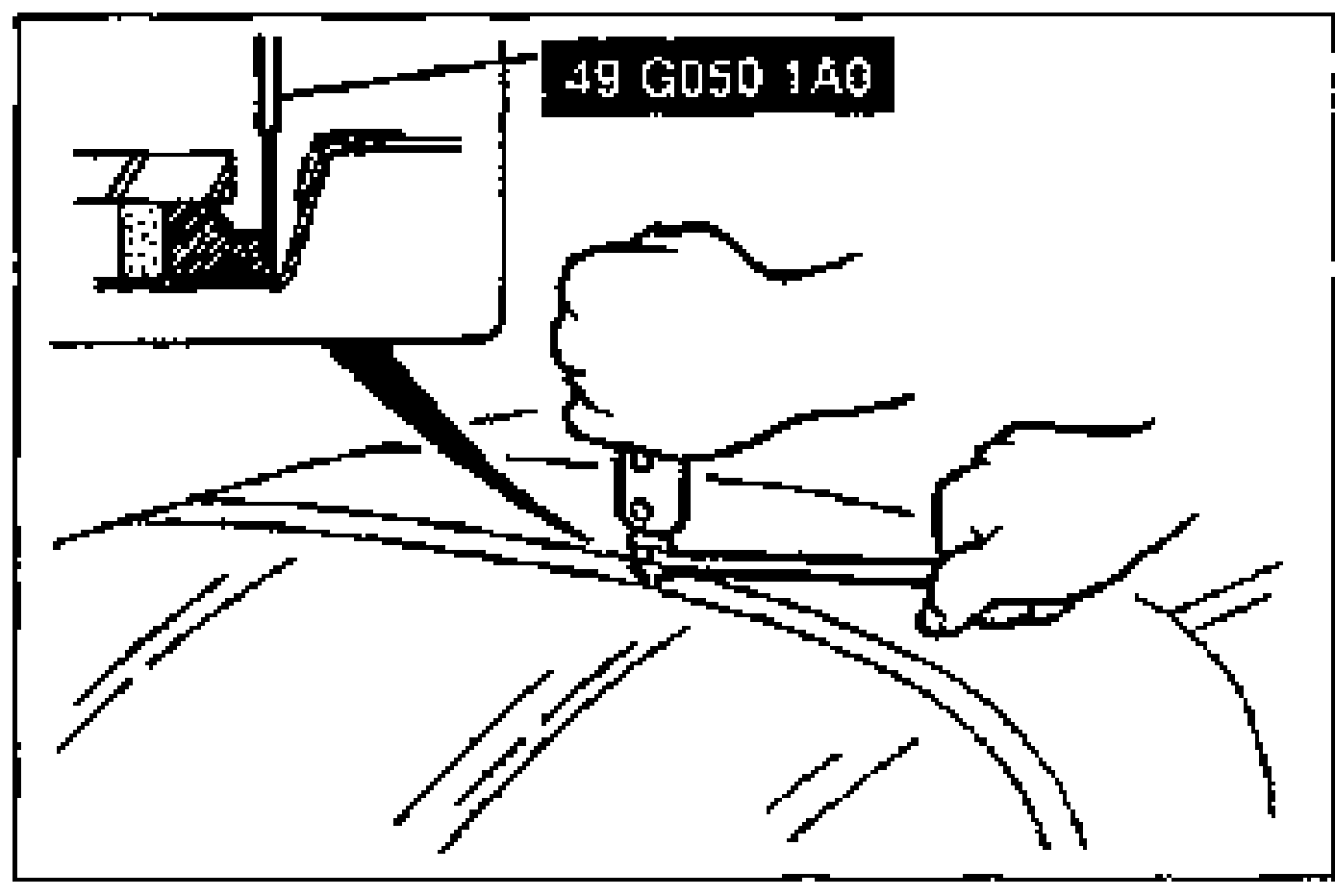 Cross-section showing SST 49 G050 1A0 blade inserted into the sealant, cutting near the liftgate. A hand pulls the tool's bar.