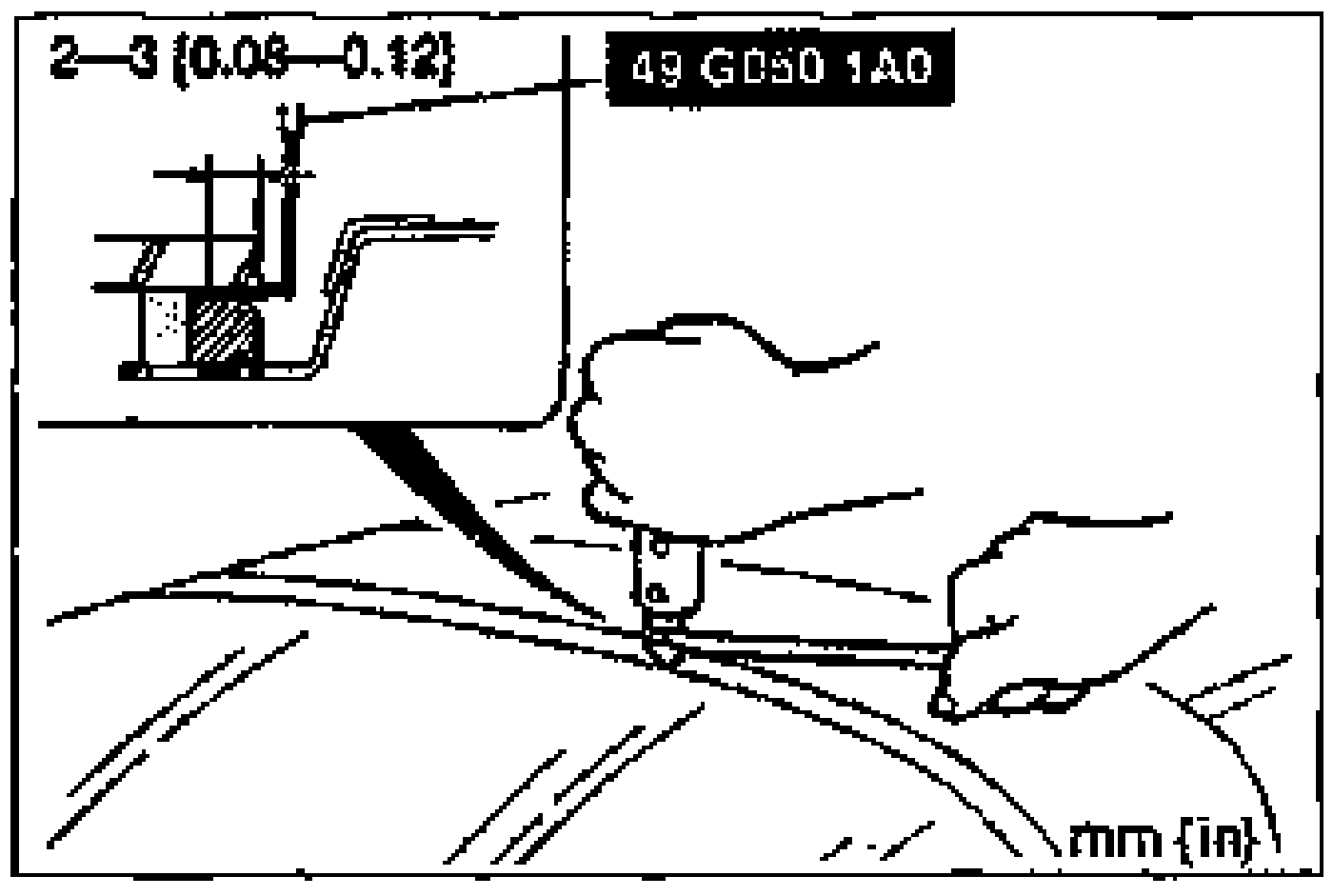 Cross-section showing SST 49 G050 1A0 blade inserted into the sealant, cutting near the glass; dimension callout '2-3 (0.08-0.12)' mm (in). A hand pulls the tool's bar.
