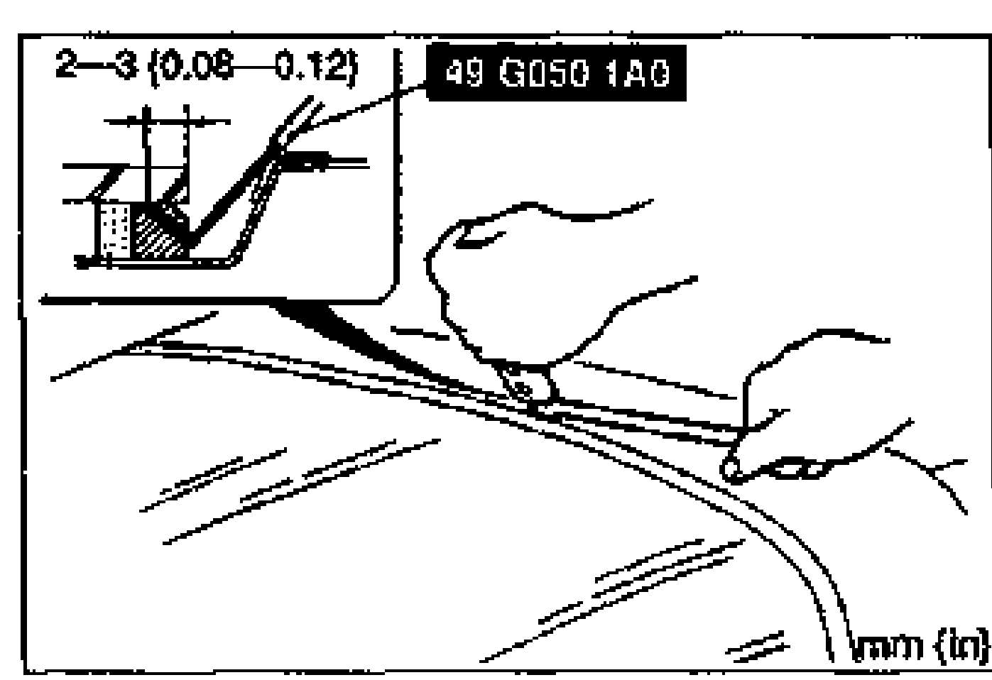 Cross-section showing SST 49 G050 1A0 blade inserted into the sealant, cutting near the glass; dimension callout '2-3 (0.08-0.12)' mm (in). A hand pulls the tool's bar.