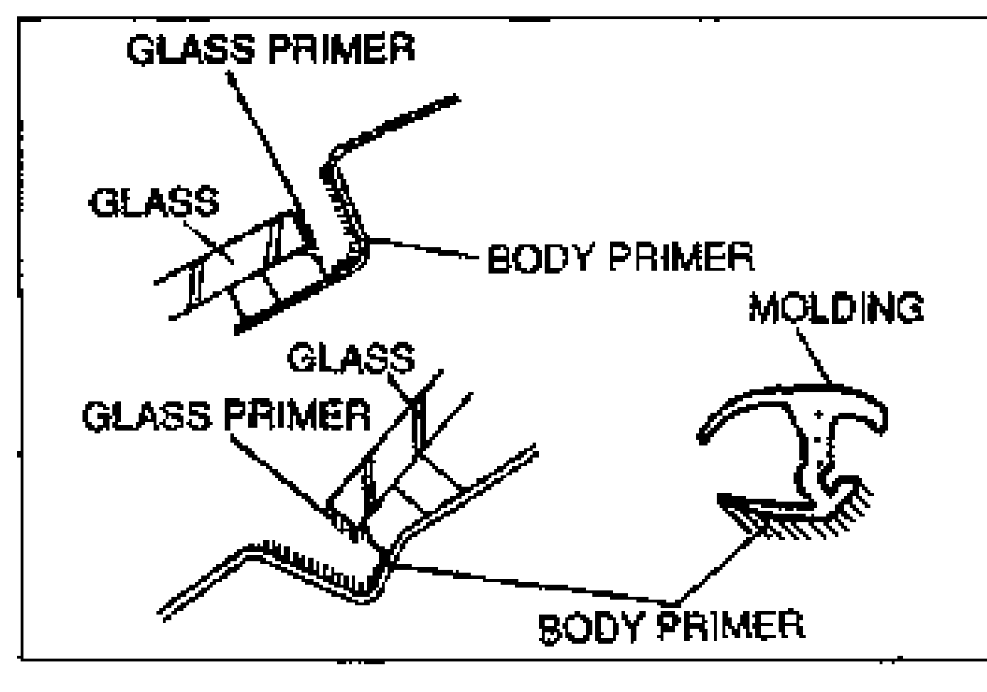 Diagram showing where to apply primer on the liftgate molding/glass joint. Callouts label GLASS PRIMER, GLASS, BODY PRIMER, MOLDING (with the molding cross-section profile shown at right).