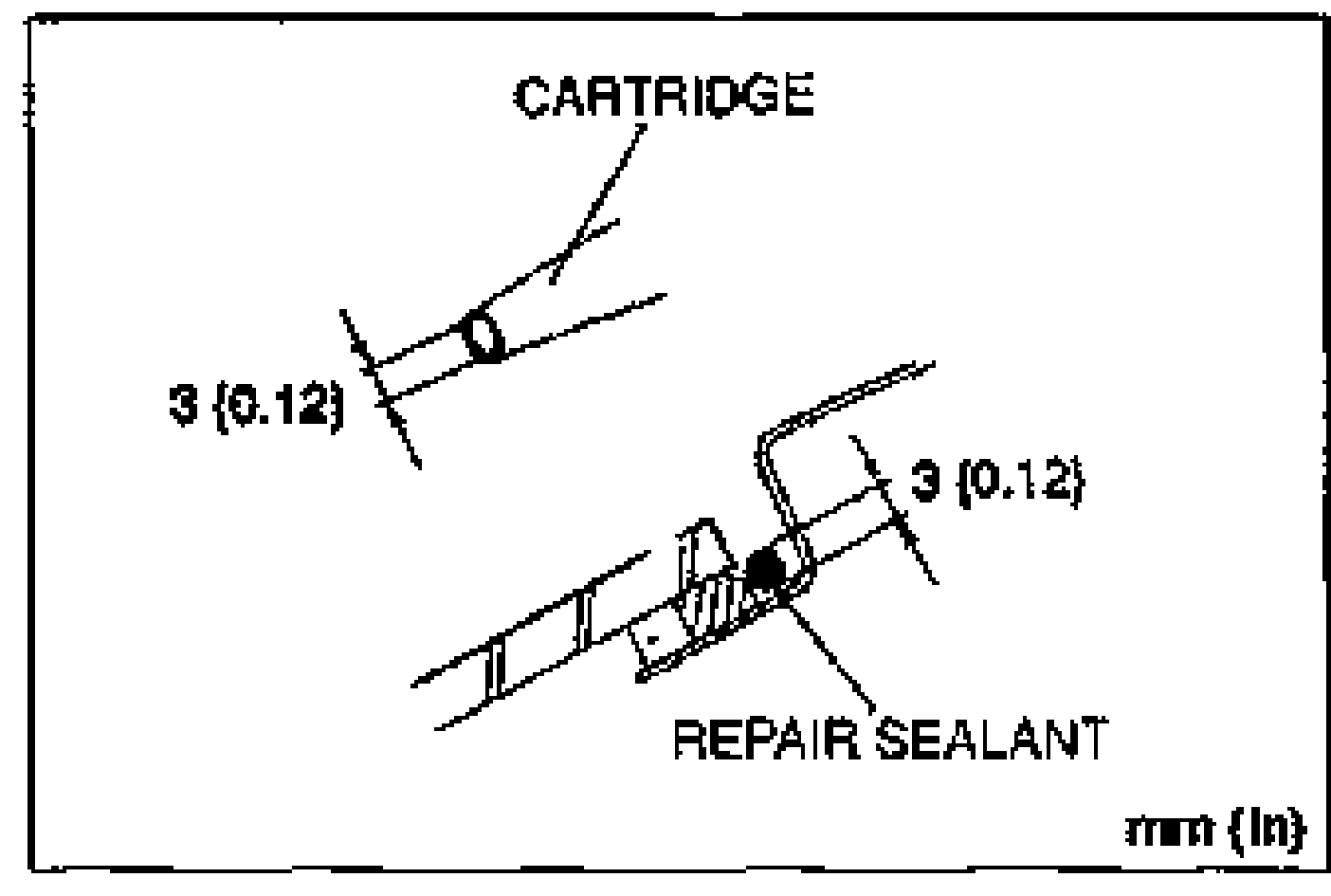 Diagram of applying a 3 mm (0.12 in) bead of repair sealant from a cartridge between the glass and liftgate. Callouts label CARTRIDGE and REPAIR SEALANT, with dimension '3 (0.12)' mm (in) marked at two points.