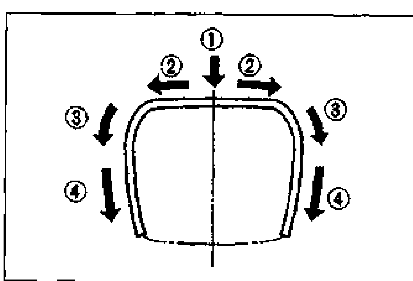 Liftgate molding installation sequence diagram (rear view of liftgate). Numbered balloons with arrows: 1 align mark at top center, 2 install top (arrows from center outward), 3 install corners, 4 install sides toward bottom.