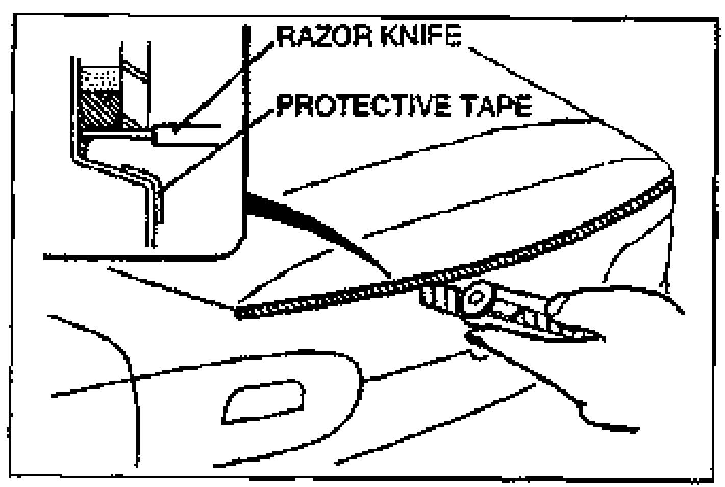 Vertical window molding removal: cross-section of the molding joint with a razor knife cutting the sealant. Callouts label RAZOR KNIFE and PROTECTIVE TAPE; a hand holds the razor knife along the body edge.