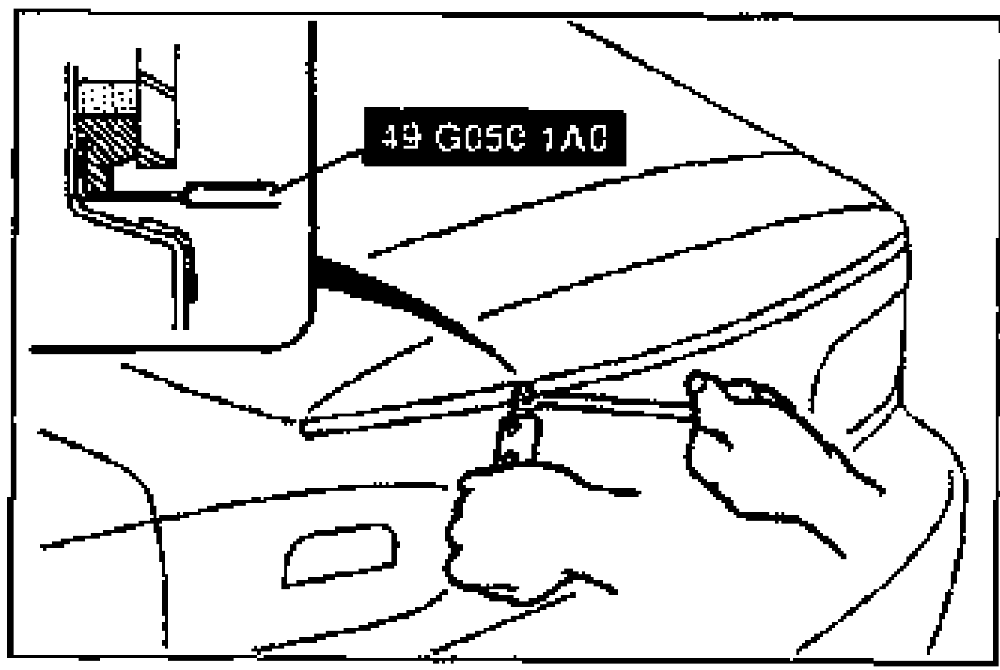Cross-section showing SST 49 G050 1A0 blade inserted into the sealant, cutting near the body. A hand pulls the tool's bar.