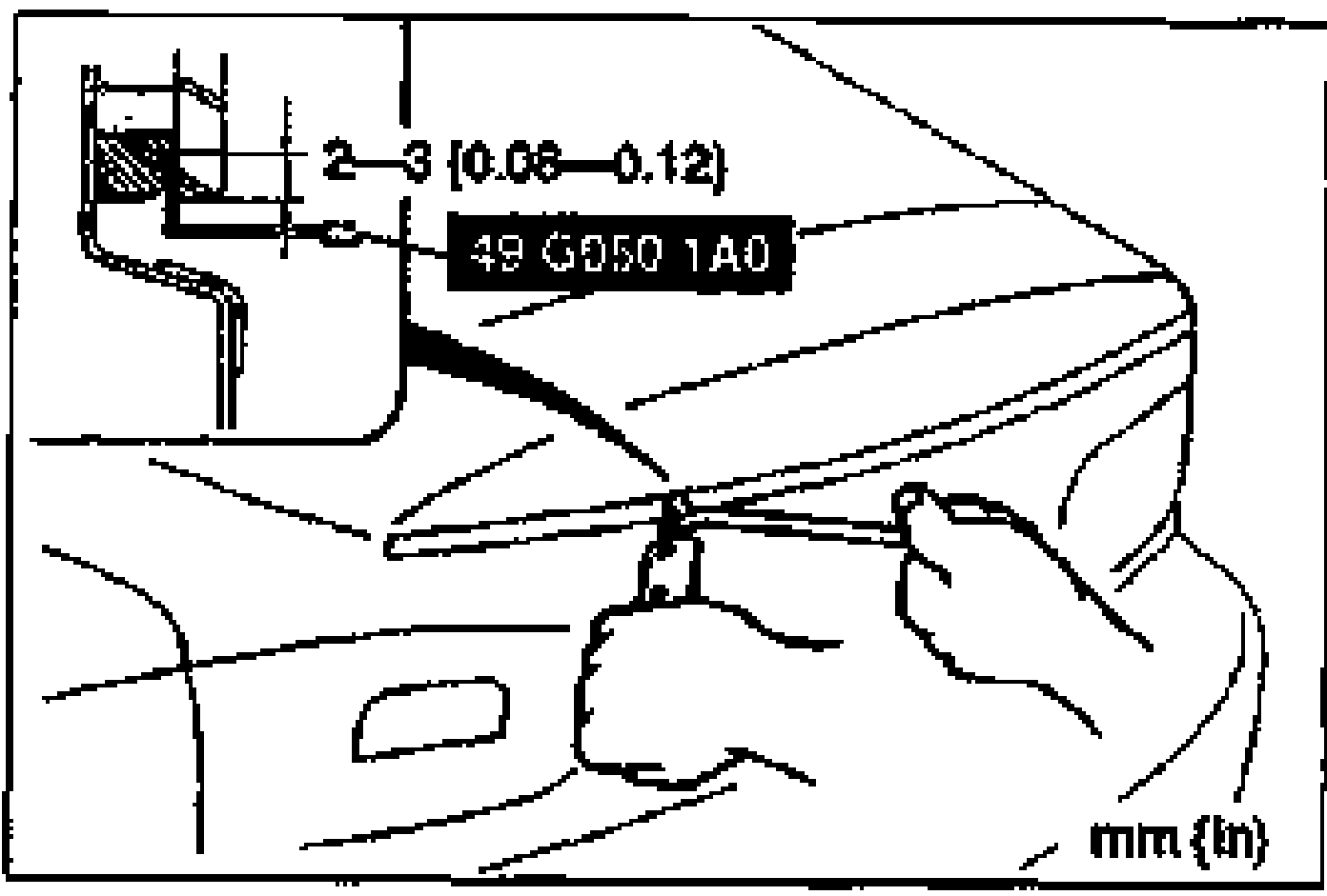 Cross-section showing SST 49 G050 1A0 blade inserted into the sealant, cutting near the glass; dimension callout '2-3 (0.08-0.12)' mm (in). A hand pulls the tool's bar.