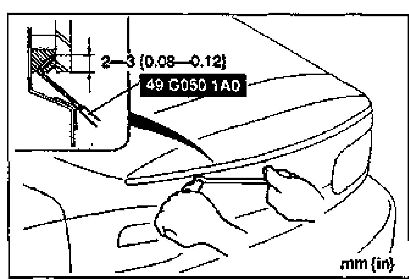 Cross-section showing SST 49 G050 1A0 blade inserted into the sealant, cutting near the glass; dimension callout '2-3 (0.08-0.12)' mm (in). Hands pull the tool's bar along the vertical window edge.