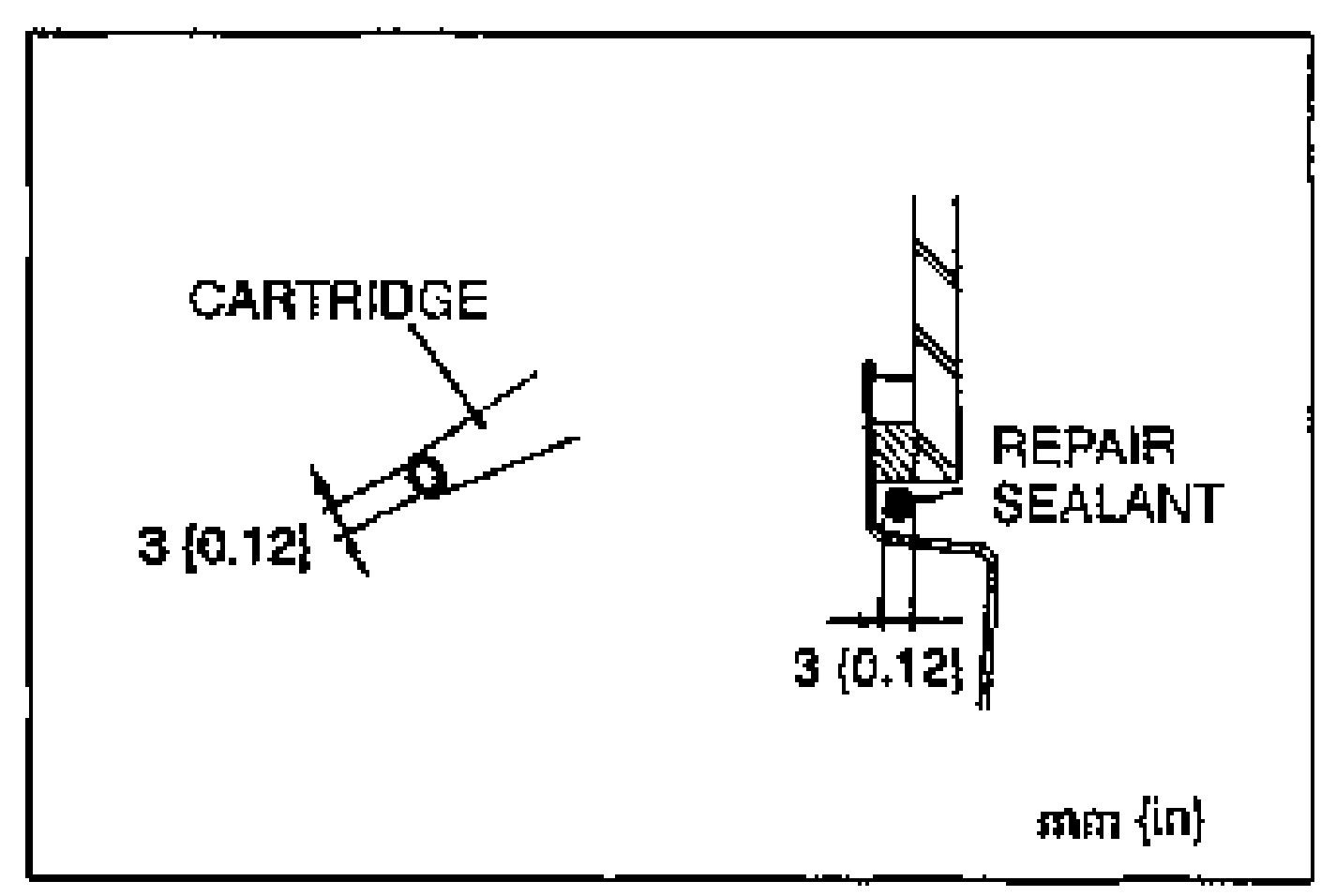 Diagram of applying a 3 mm (0.12 in) bead of repair sealant from a cartridge between the glass and liftgate. Callouts label CARTRIDGE and REPAIR SEALANT, with dimension '3 (0.12)' mm (in) marked at two points.