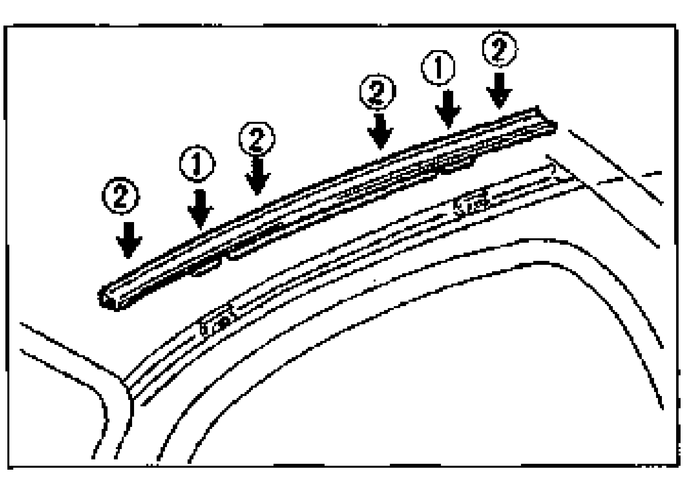 Roof molding installation-note illustration: the roof molding strip seen from above with downward arrows over alternating callouts 1 and 2 indicating the press-down sequence at the clip and rear-end areas.