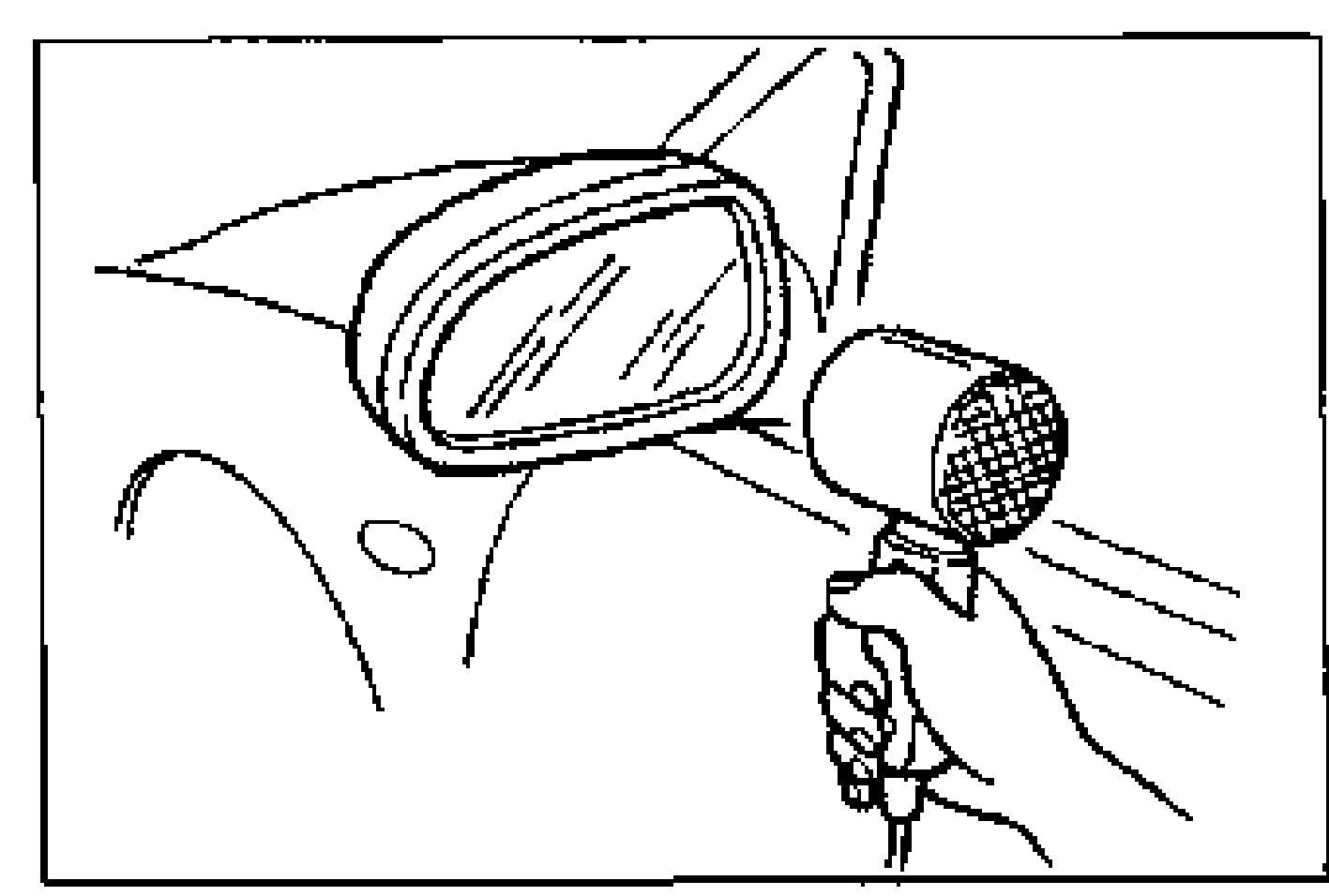 Illustration of a hand warming the outside mirror frame and glass with a hot-air blower.