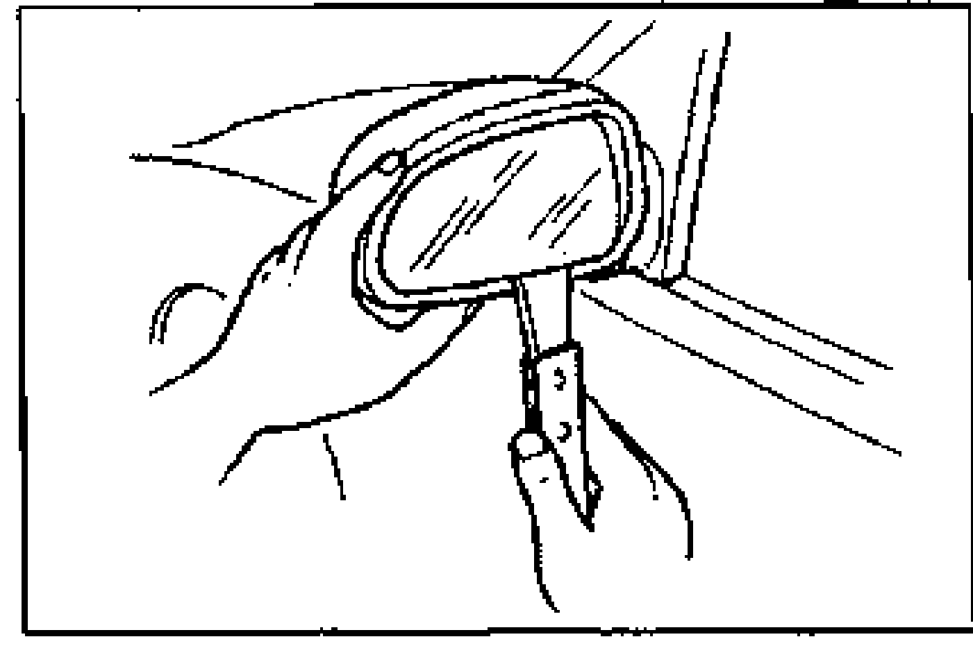 Illustration of a hand inserting a scraper between the mirror glass and the frame to pry the glass loose.