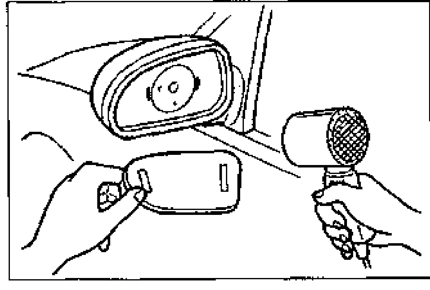 Illustration of warming the adhesive surface of the frame and mirror with a hot-air blower while holding the mirror glass.