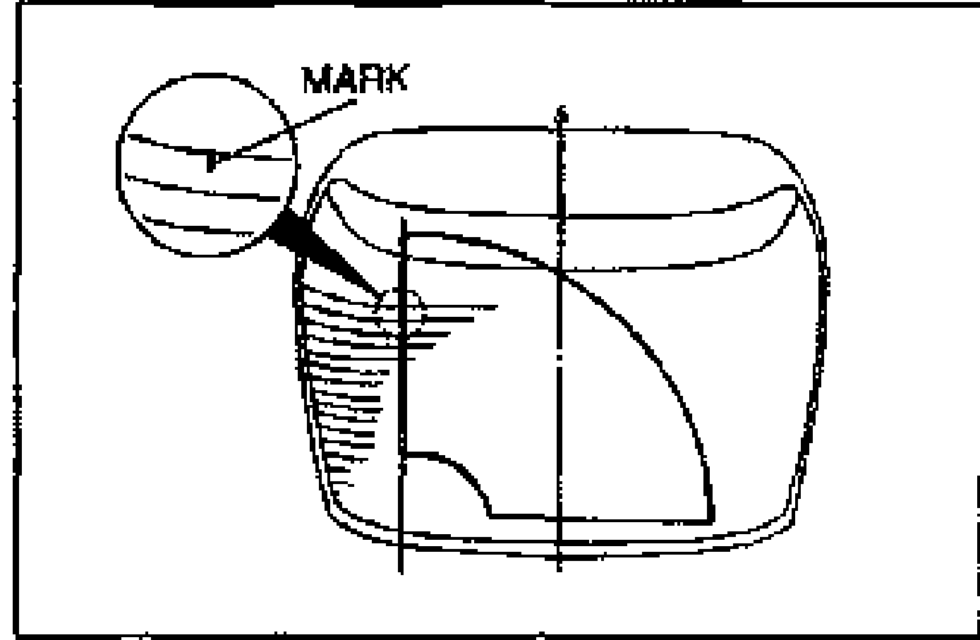 Rear hatch/glass with the wiper arm at park position. A magnified inset circle highlights the alignment MARK; an arrow points from the inset to the mark on the glass. Vertical reference line shows wiper arm height alignment.