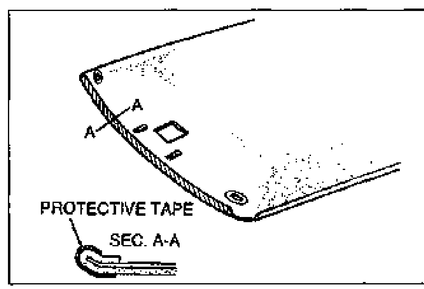 Line drawing of the windshield corner with protective tape applied along the body edge / headliner. A section line A-A and a cross-section detail labeled SEC. A-A show the protective tape profile.