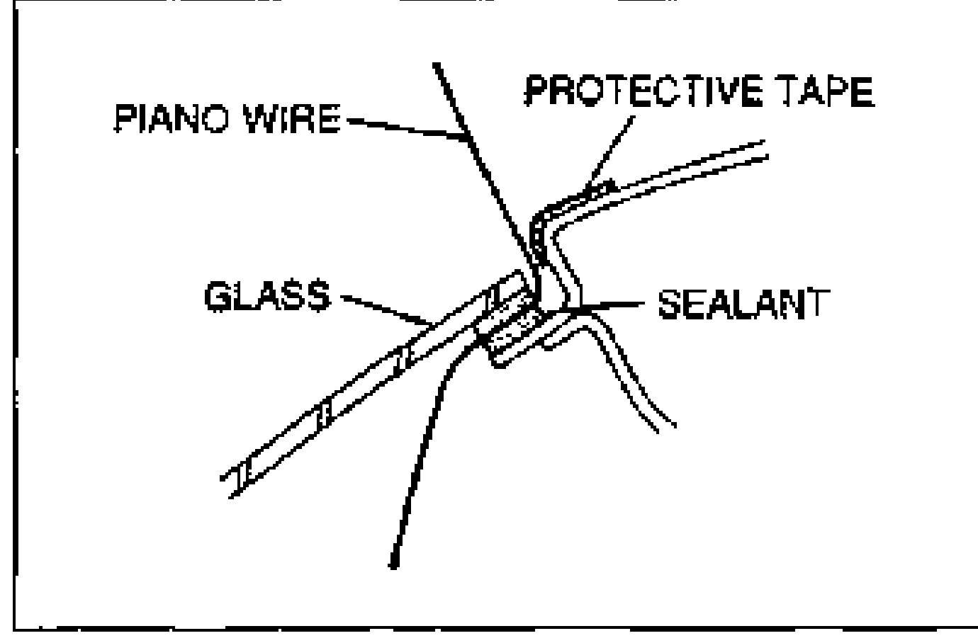 Cross-section detail showing piano wire passing through the sealant between the glass and body, with protective tape in place. Labels identify PIANO WIRE, PROTECTIVE TAPE, GLASS and SEALANT.
