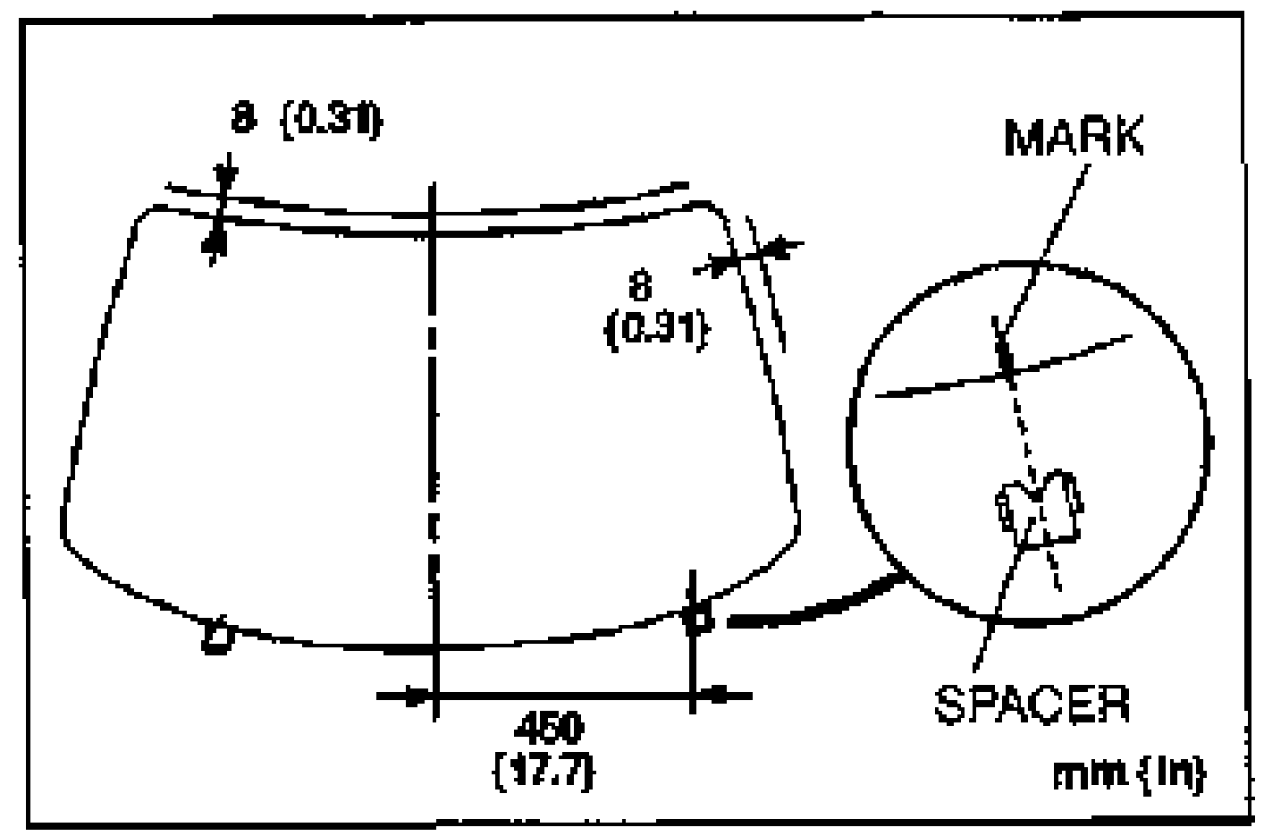 Front view of the windshield with glass-to-body clearance dimensions: 8 (0.31) at top, 450 (17.7) center span, and a magnified inset showing the V-notch SPACER and the alignment MARK on the glass. Unit note 'mm (in)'.