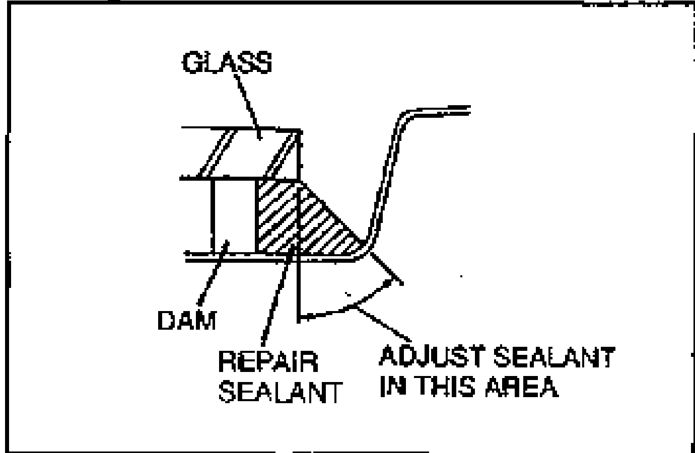 Cross-section of the glass, dam and repair sealant showing where to adjust the sealant. Labels: GLASS, DAM, REPAIR SEALANT, and 'ADJUST SEALANT IN THIS AREA' with a hatched region indicating the sealant.