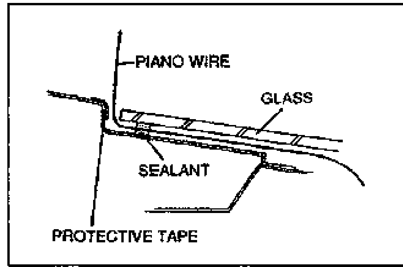 Cross-section of the liftgate glass edge showing piano wire passing through the sealant, with protective tape on the body. Labels: PIANO WIRE, GLASS, SEALANT, PROTECTIVE TAPE.