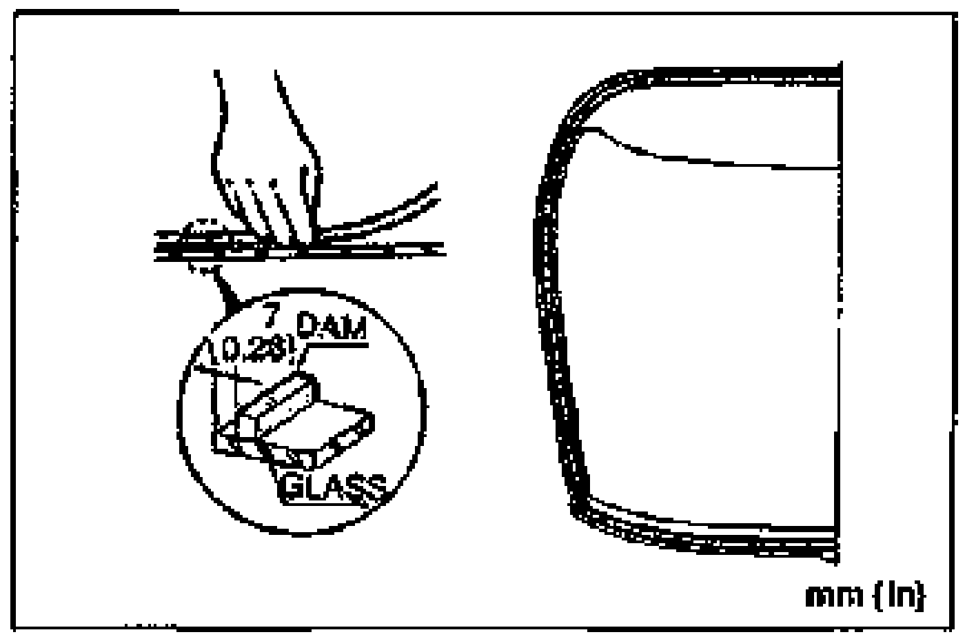 Hand cutting away old sealant around the liftgate glass edge with a razor knife, with a magnified inset cross-section showing the new dam bonded 7 (0.28) from the glass edge. Labels: DAM, GLASS; unit note 'mm (in)'.
