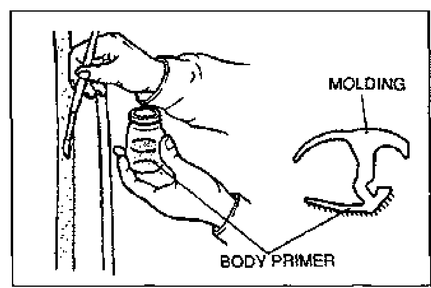 Hand applying primer with a brush to the body/molding bonding area, with a molding cross-section shown at right. Labels: MOLDING, BODY PRIMER.