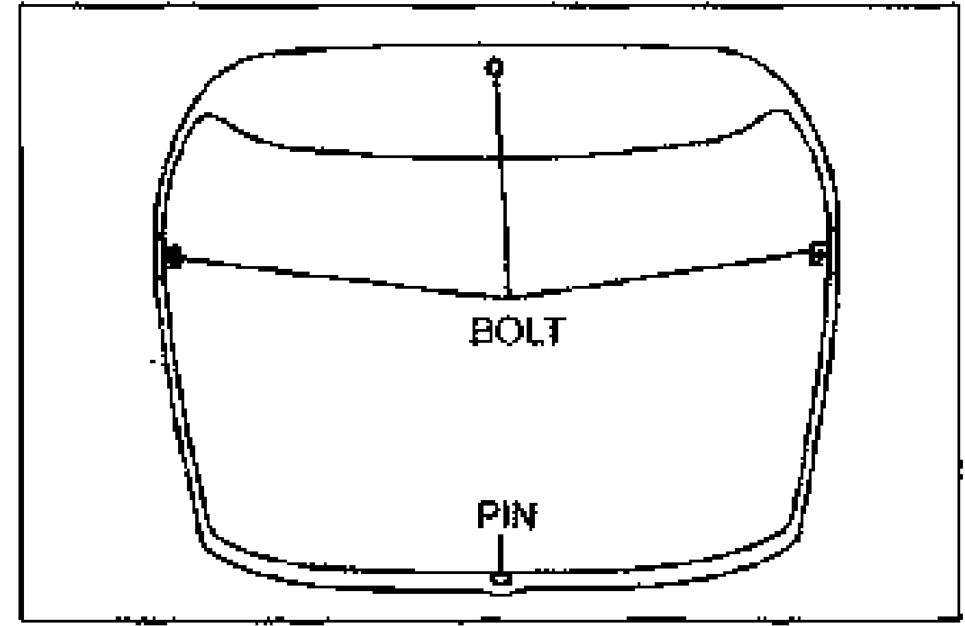 Liftgate glass outline showing the locating BOLT positions (sides) and the locating PIN position (bottom center) used to align the glass on the body.