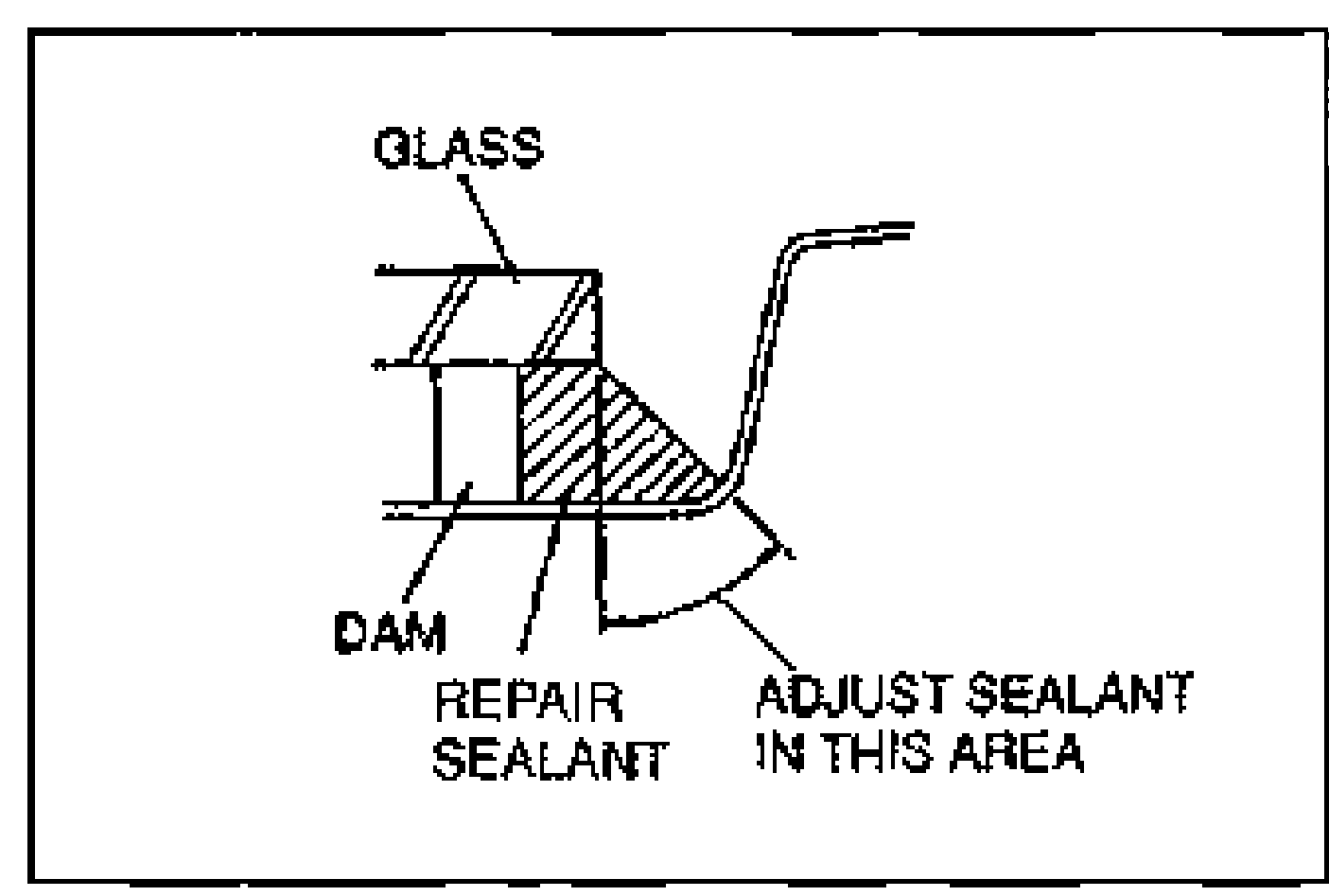 Cross-section of glass, dam and repair sealant showing where to adjust sealant. Labels: GLASS, DAM, REPAIR SEALANT, ADJUST SEALANT IN THIS AREA, with hatched sealant region.