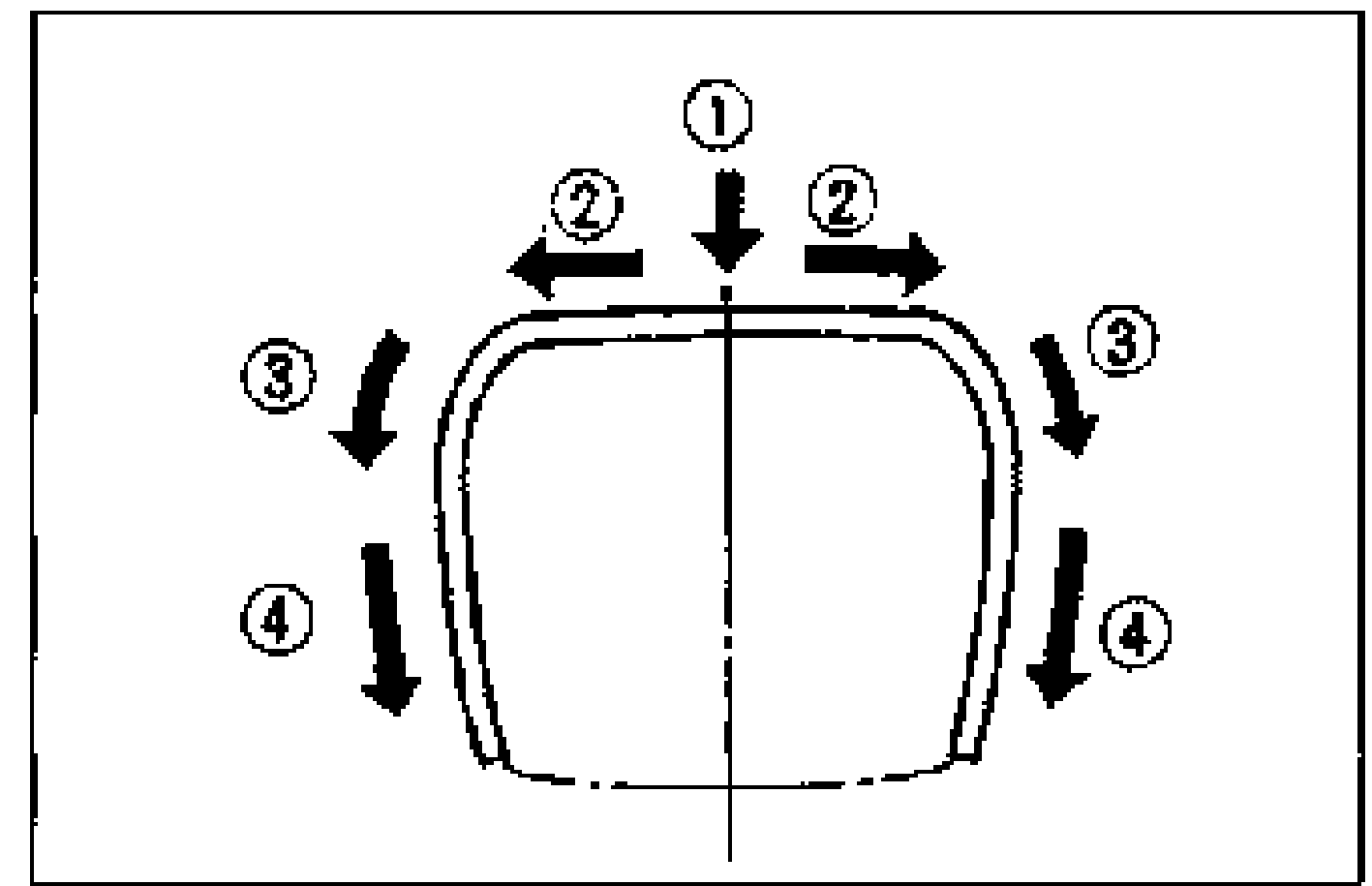 Front view of the liftgate glass showing molding installation sequence with circled numbers 1 (top center), 2 (upper sides), 3 (corners), 4 (lower sides) and directional arrows.