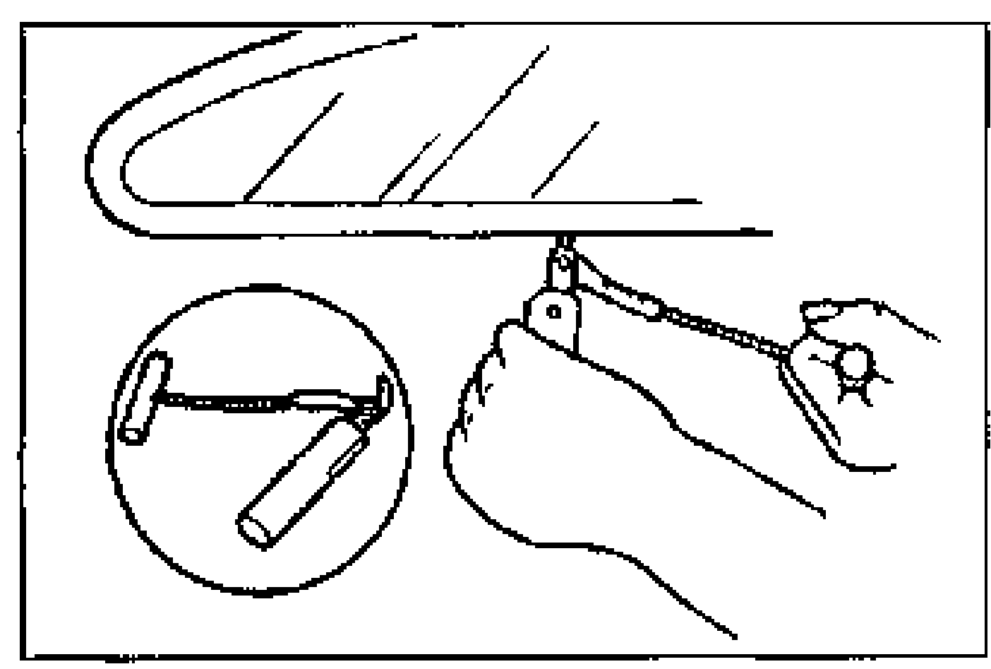 Line drawing of the liftgate vertical window glass with a hand using a roller/cutting tool along the glass edge, plus an inset circle showing the tool detail.