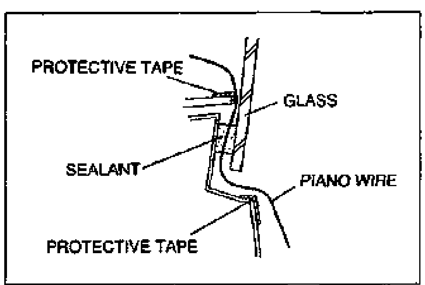 Cross-section detail of the glass/sealant joint showing protective tape, glass, sealant, piano wire, and protective tape, with leader labels.
