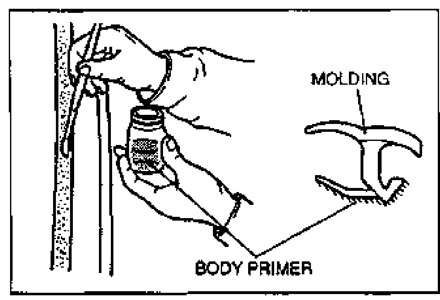 A hand applying primer with a brush to the glass and body bonding area; a molding cross-section is shown at right. Labels: MOLDING, BODY PRIMER.