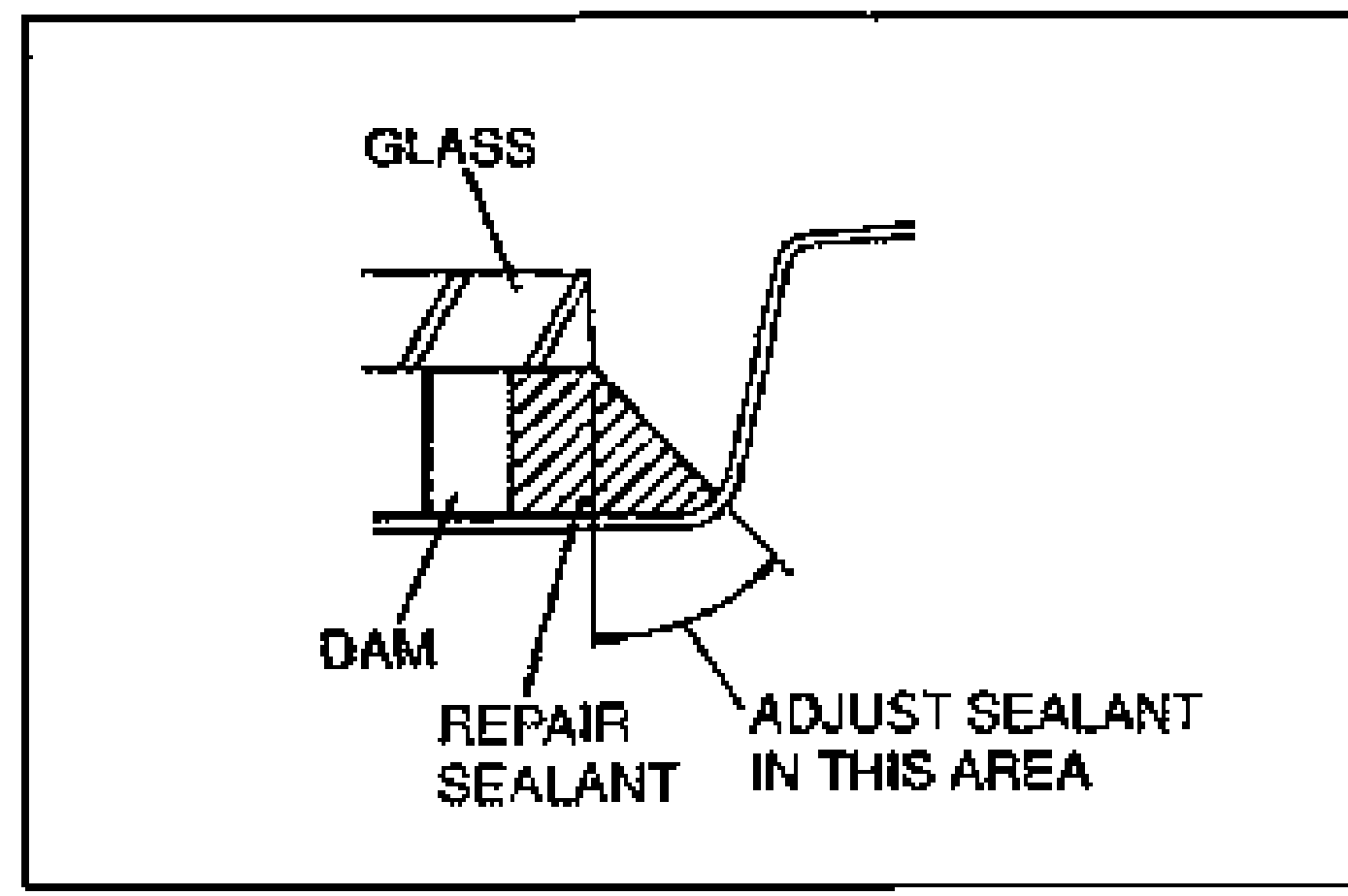 Cross-section showing the glass, dam, repair sealant and the area to adjust sealant. Labels: GLASS, DAM, REPAIR SEALANT, ADJUST SEALANT IN THIS AREA.